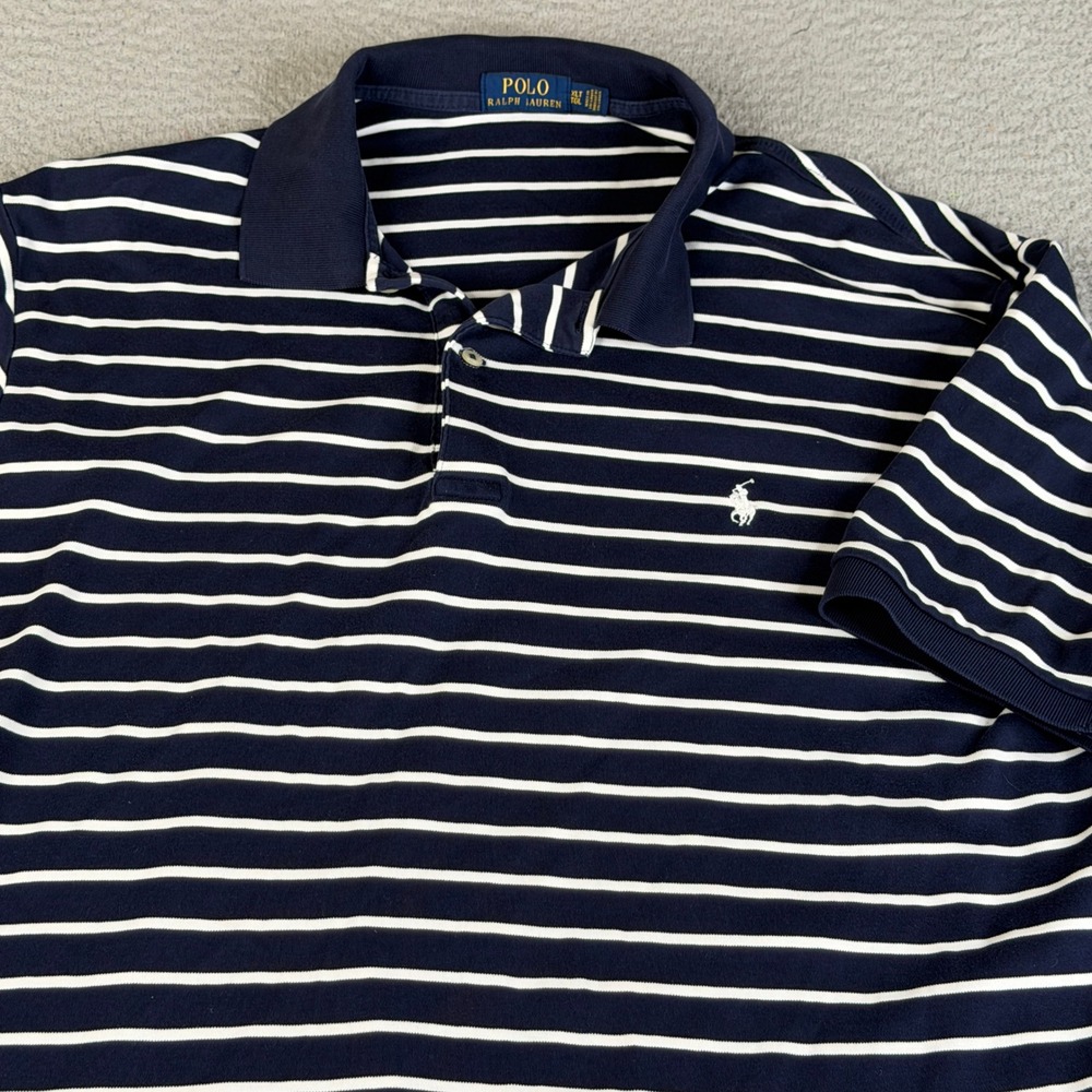Polo Ralph Lauren Polo Shirt Mens XLT Navy Blue White Striped Short Sleeve Pony